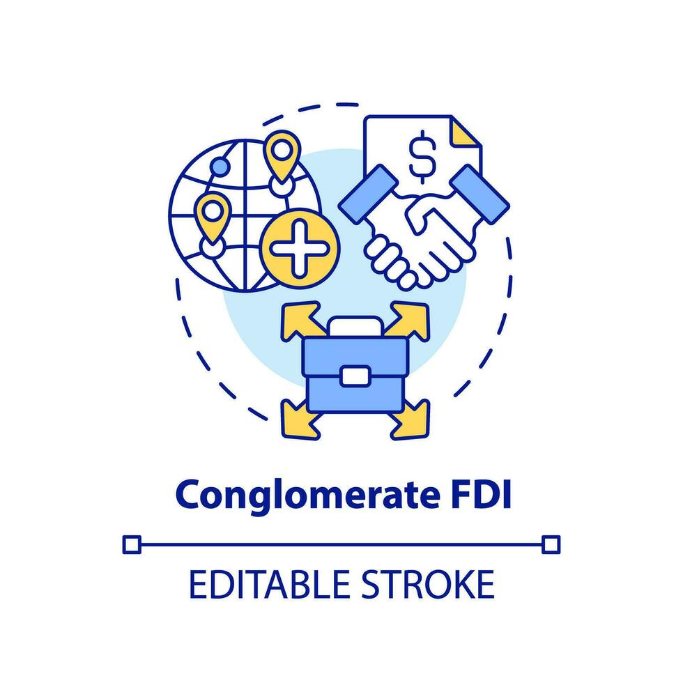 Editable conglomerate FDI icon, isolated vector, foreign direct investment thin line illustration. vector