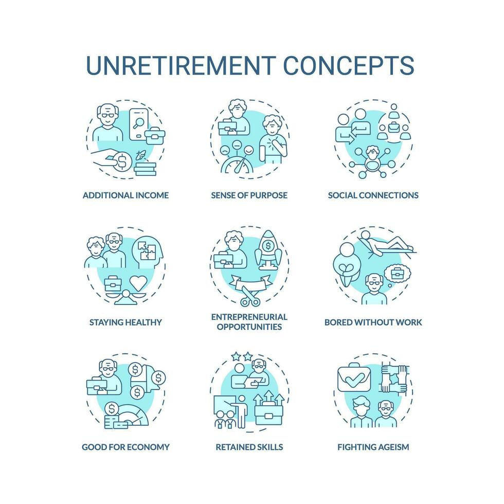 2D editable icons set representing unretirement concepts, isolated vector, thin line blue illustration. vector