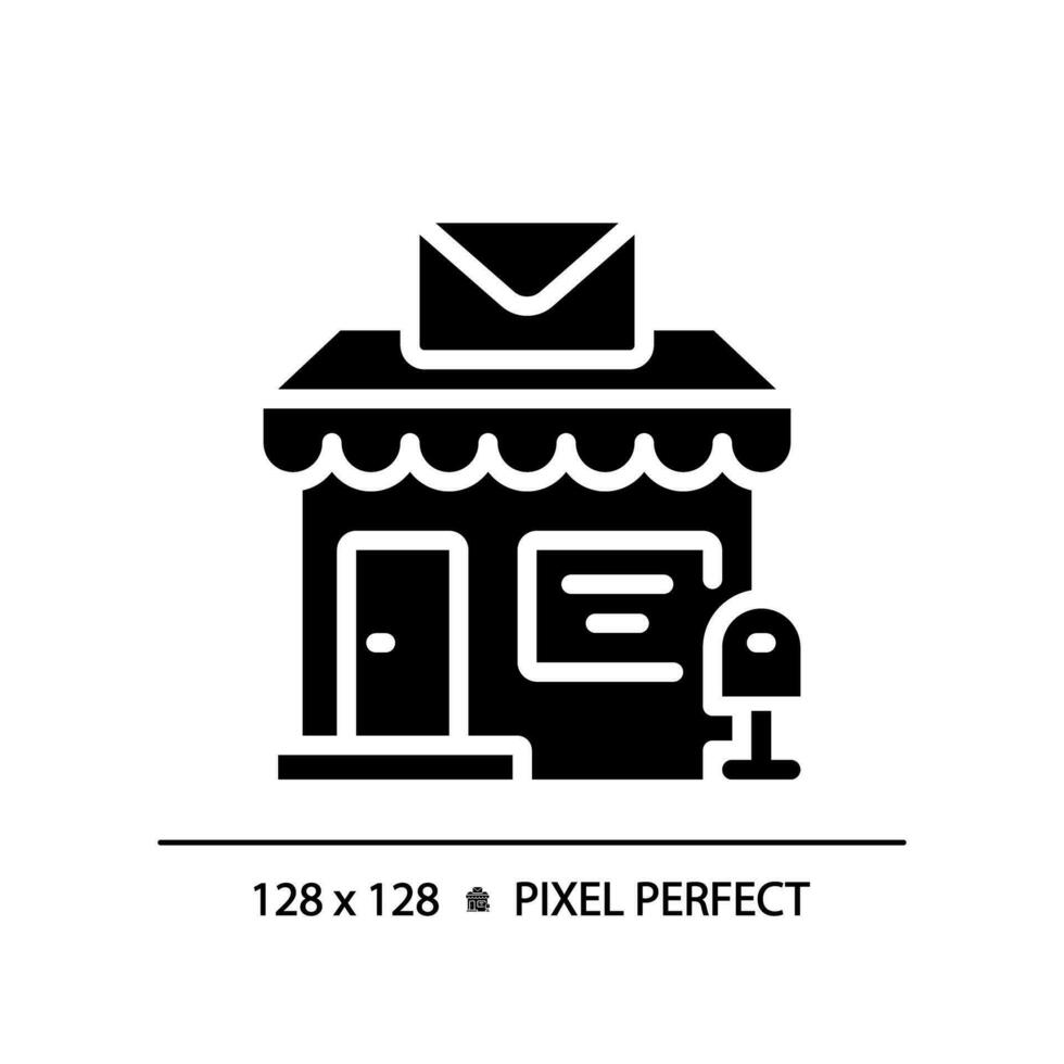 2D pixel perfect glyph style post office icon, isolated vector, silhouette building illustration. vector
