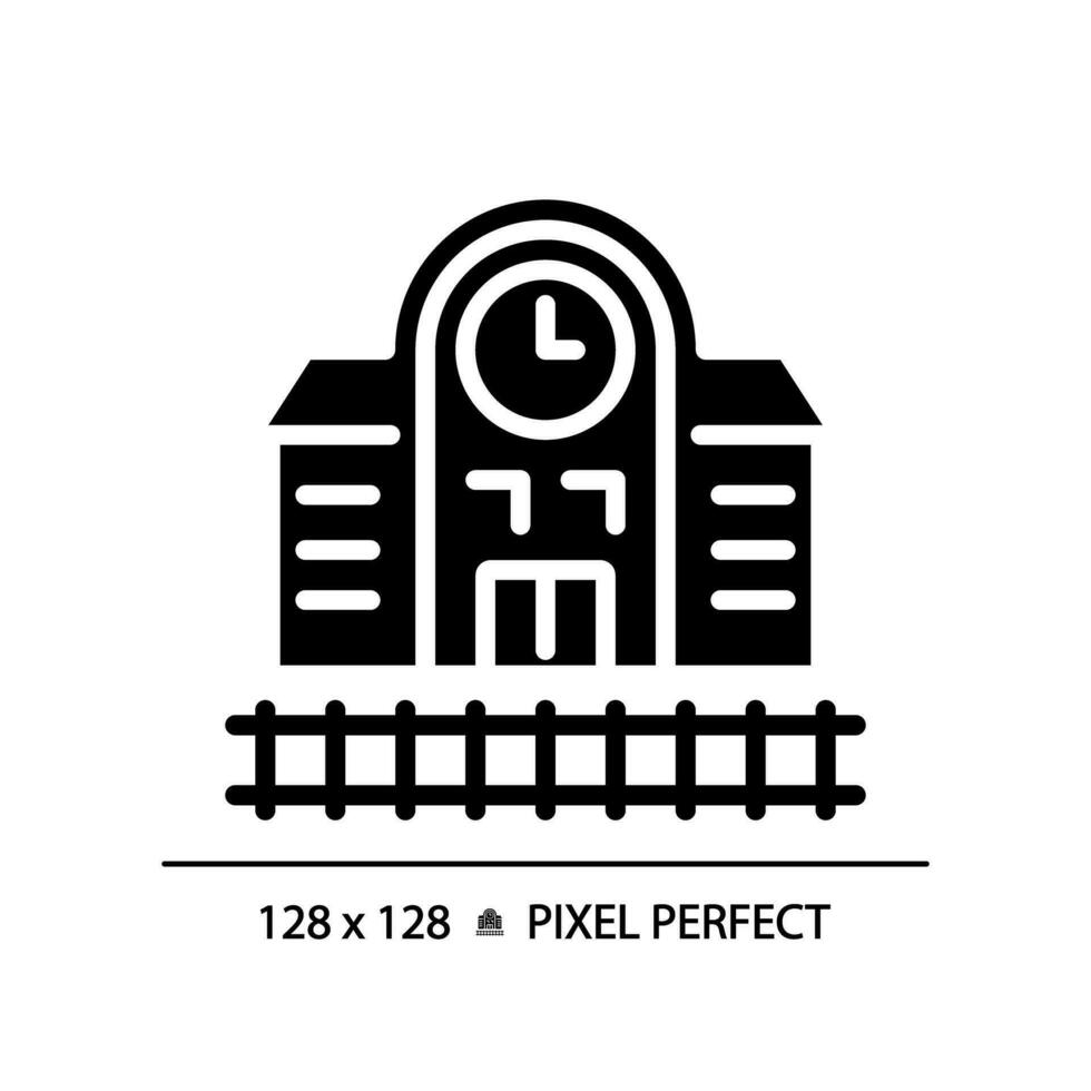 2D pixel perfect glyph style railway station icon, isolated vector, silhouette building illustration. vector