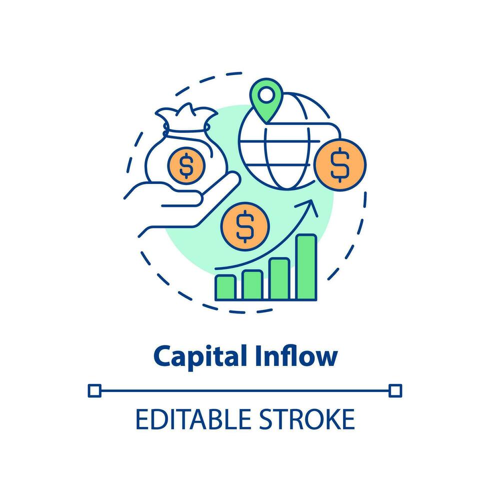 Editable capital inflow icon, isolated vector, foreign direct investment thin line illustration. vector
