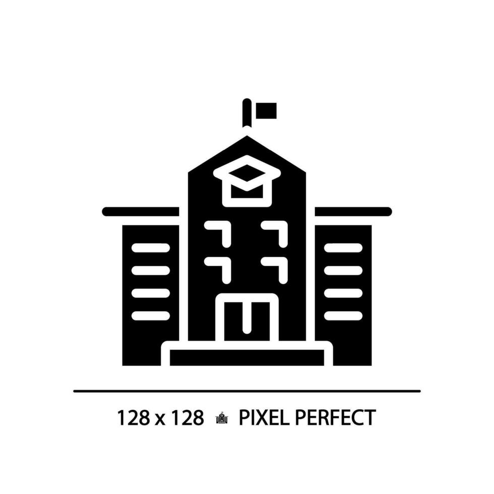 2D pixel perfect glyph style school icon, isolated vector, silhouette building illustration. vector