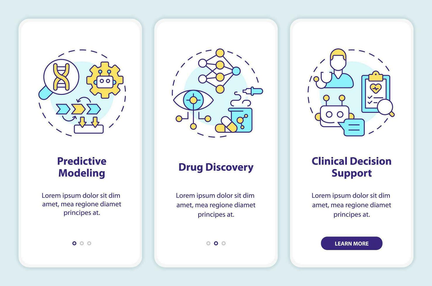 AI and ML in precision medicine onboarding mobile app screen. Walkthrough 3 steps editable graphic instructions with linear concepts. UI, UX, GUI template vector