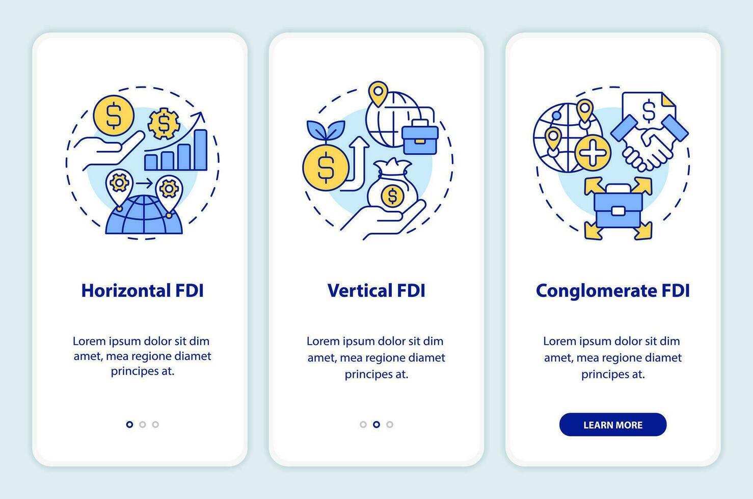 Thin line icons representing foreign direct investment mobile app screen set. 3 steps editable graphic instructions, UI, UX, GUI template. vector