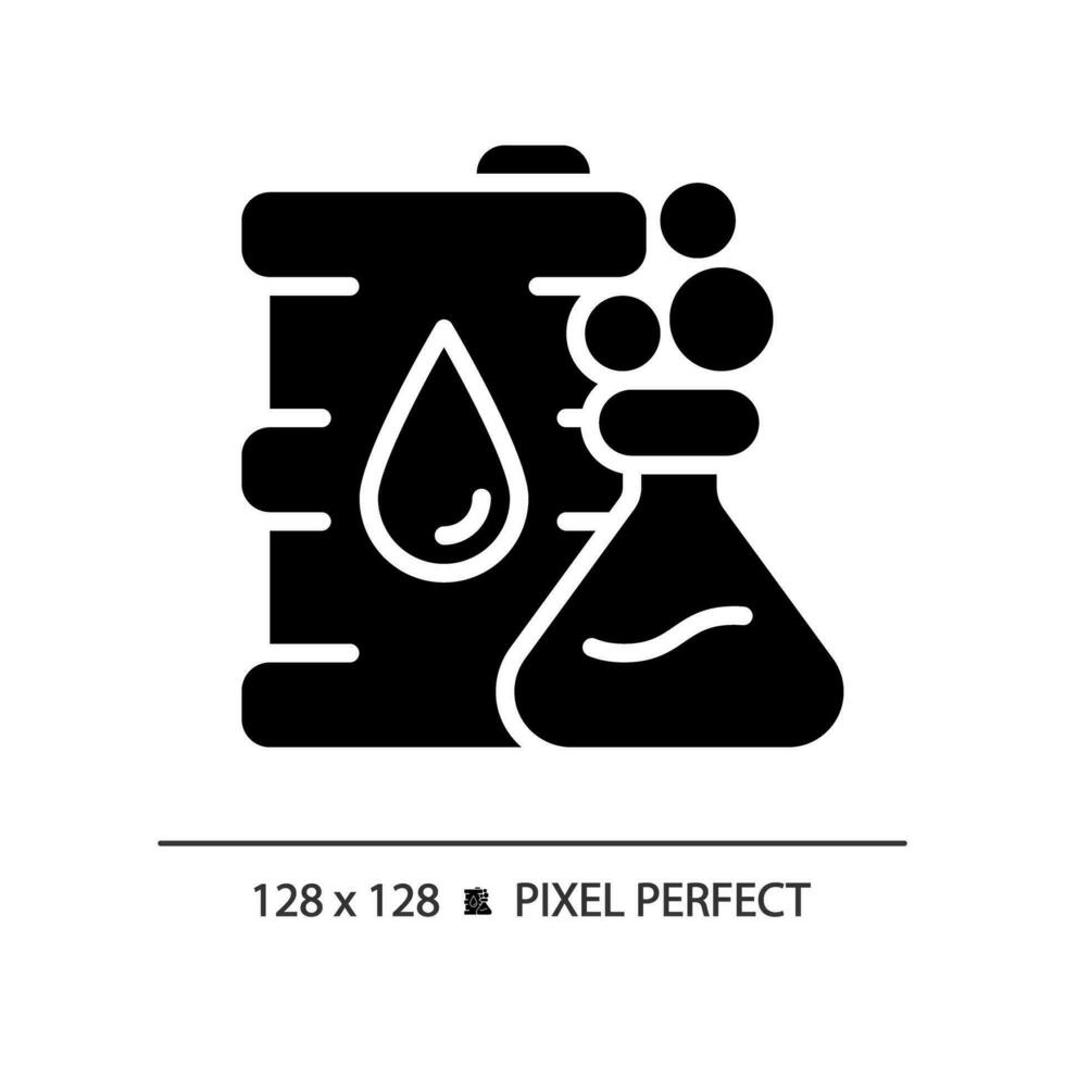 Crude oil chemical analysis black glyph icon. Laboratory test. Quality control. Chemical composition. Petroleum product. Silhouette symbol on white space. Solid pictogram. Vector isolated illustration