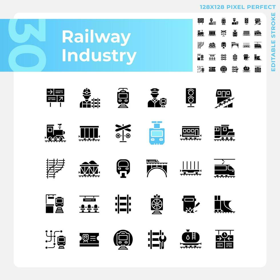 Railway industry pixel perfect black glyph icons set on white space. Railroad company. Rail transport. Train station. Silhouette symbols. Solid pictogram pack. Vector isolated illustration