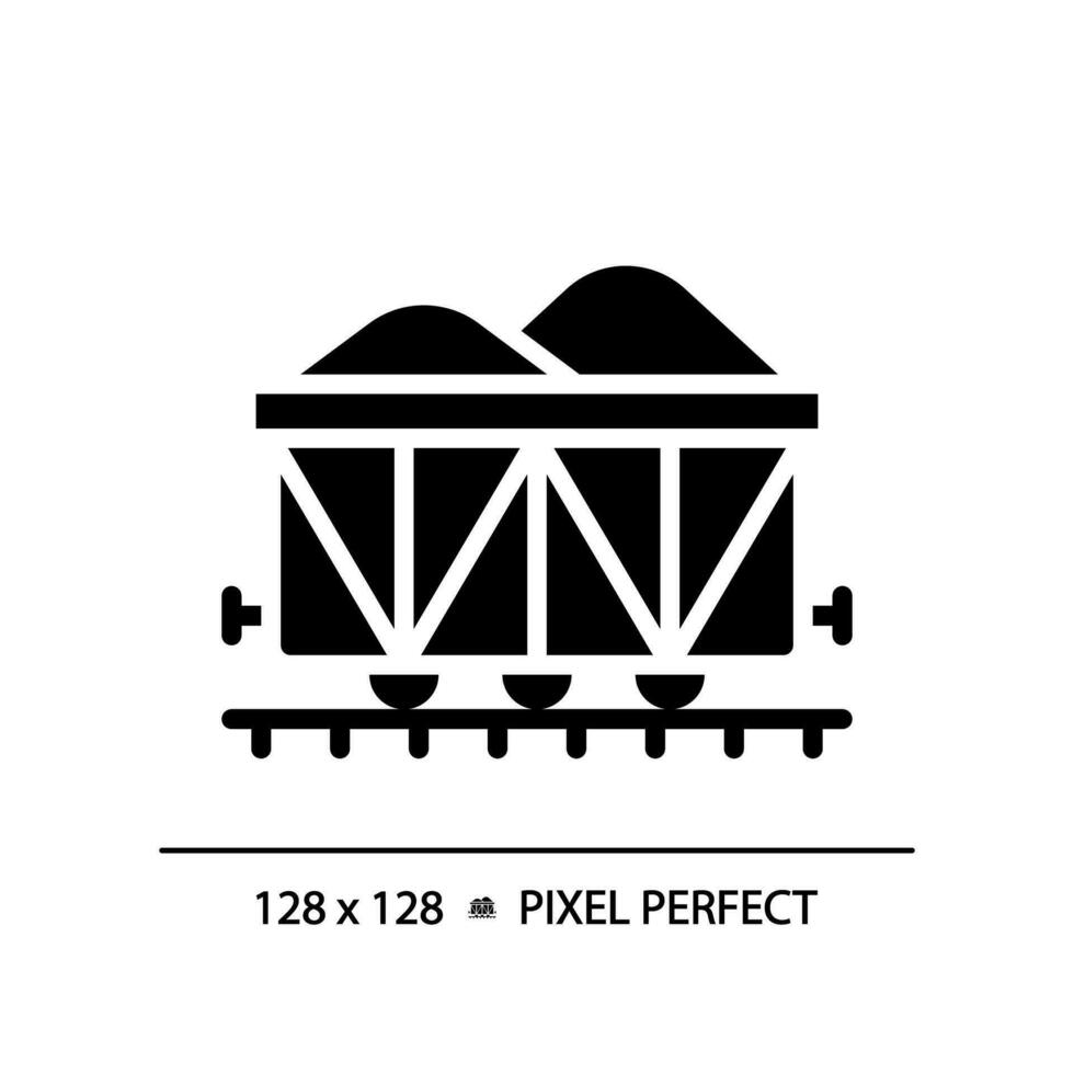 Open wagon pixel perfect black glyph icon. Rail gondola. Railcar transportation. Freight shipping. Train cargo. Silhouette symbol on white space. Solid pictogram. Vector isolated illustration