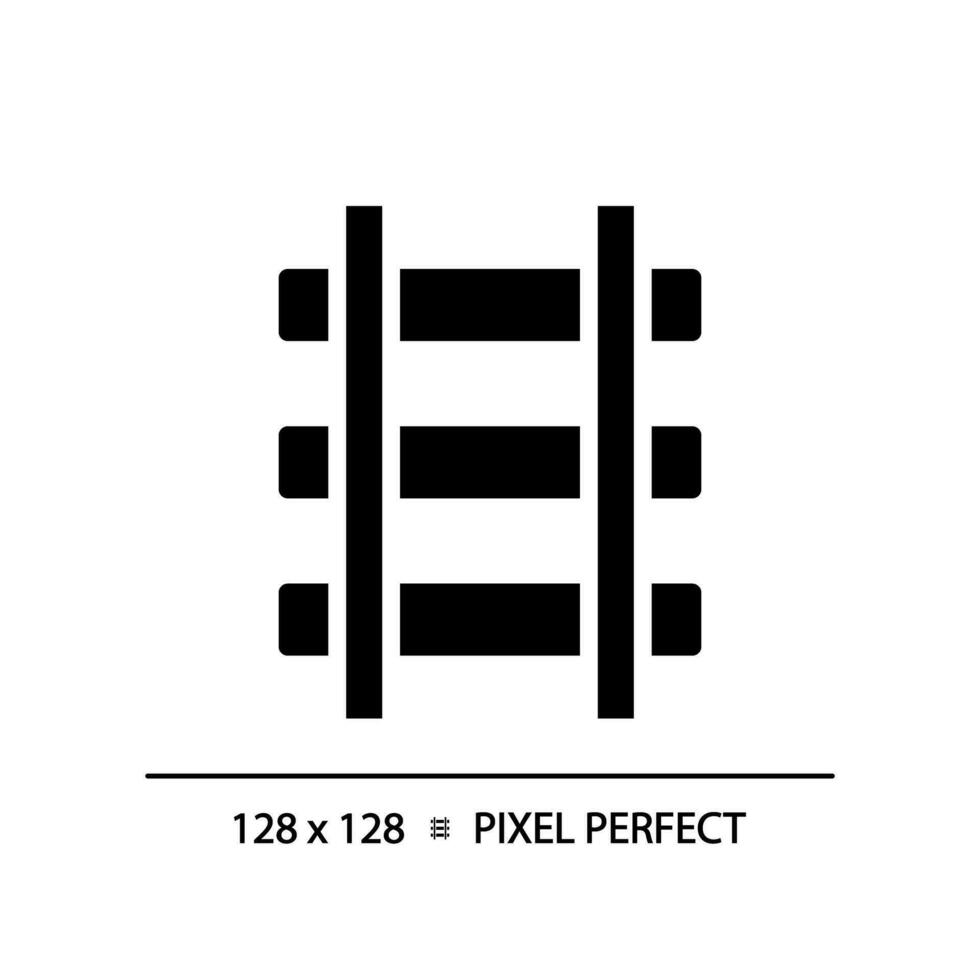 Rails pixel perfect black glyph icon. Railroad track. Railway infrastructure. Train route. Civil engineering. Silhouette symbol on white space. Solid pictogram. Vector isolated illustration