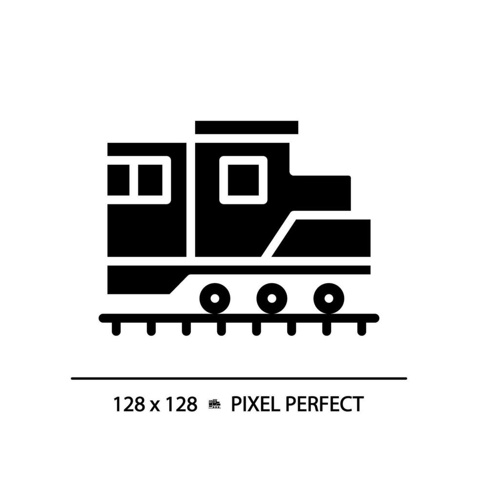 Locomotive pixel perfect black glyph icon. Diesel engine. Freight train. Rail transport vehicle. Power car. Silhouette symbol on white space. Solid pictogram. Vector isolated illustration