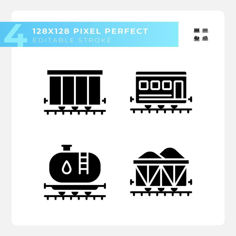 Rail wagon pixel perfect black glyph icons set on white space. Train carriage. Railroad car. Freight shipping. Logistic service. Silhouette symbols. Solid pictogram pack. Vector isolated illustration