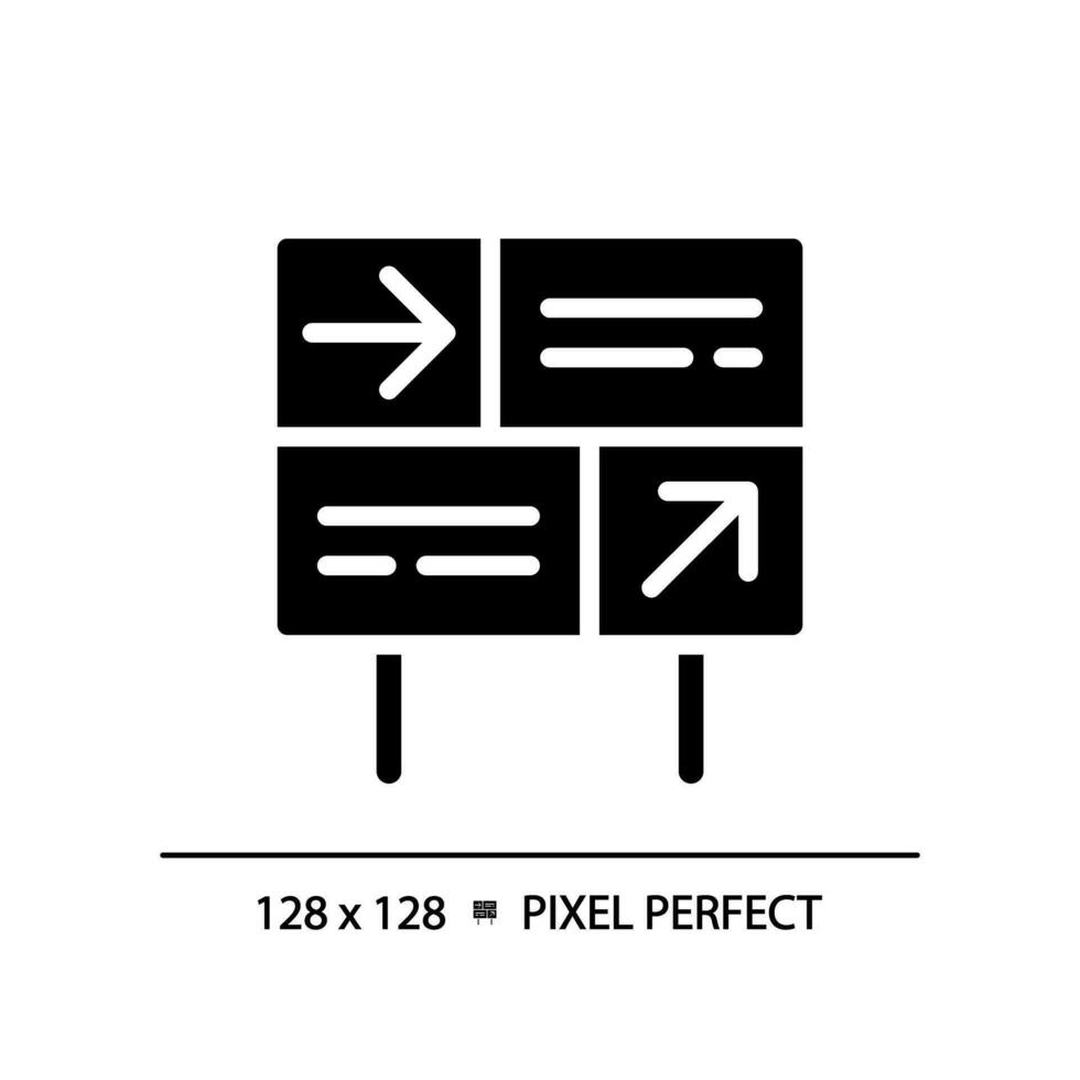 Directional sign pixel perfect black glyph icon. Train station. Navigation system. Railway platform. Way finding. Silhouette symbol on white space. Solid pictogram. Vector isolated illustration