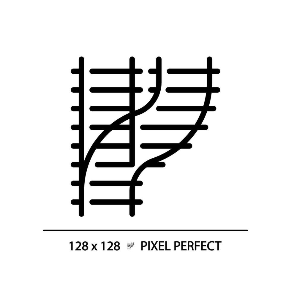 ferrocarril cambiar píxel Perfecto negro glifo icono. carril apagar. ferrocarril unión. tren cruce de caminos. tráfico control. silueta símbolo en blanco espacio. sólido pictograma. vector aislado ilustración