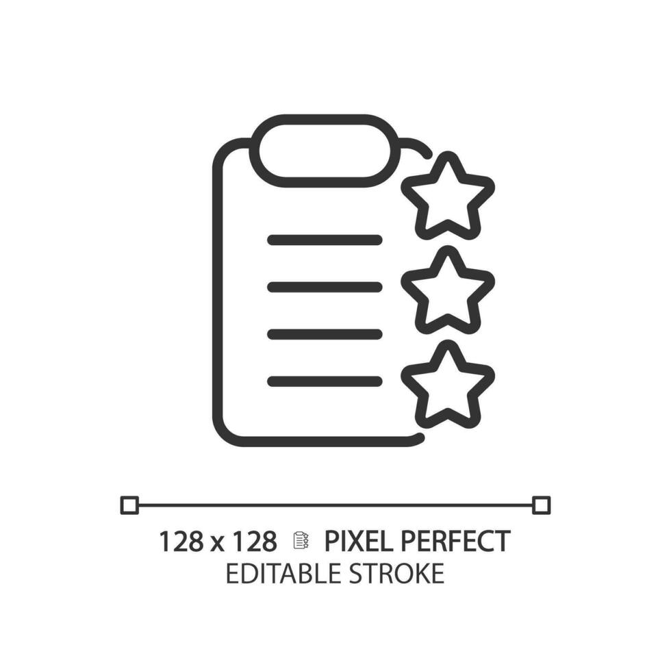 Clipboard with stars pixel perfect linear icon. Report about product checkup. Service rating documentation. Thin line illustration. Contour symbol. Vector outline drawing. Editable stroke