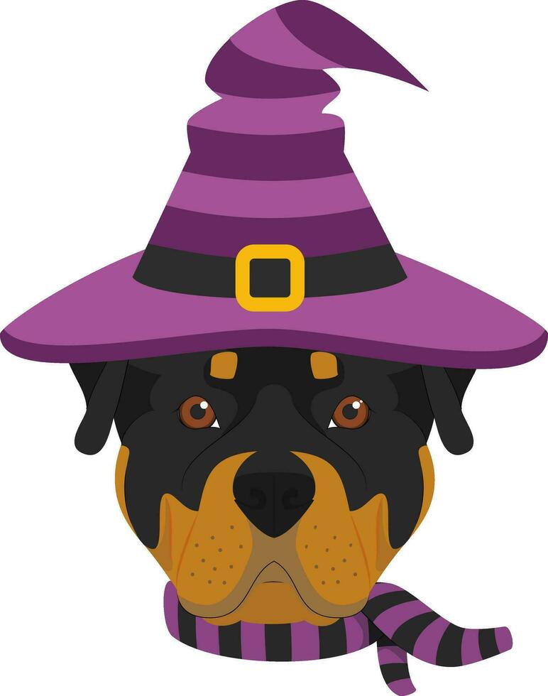 Víspera de Todos los Santos saludo tarjeta. Rottweiler perro vestido como un bruja con negro y púrpura sombrero y bufanda vector