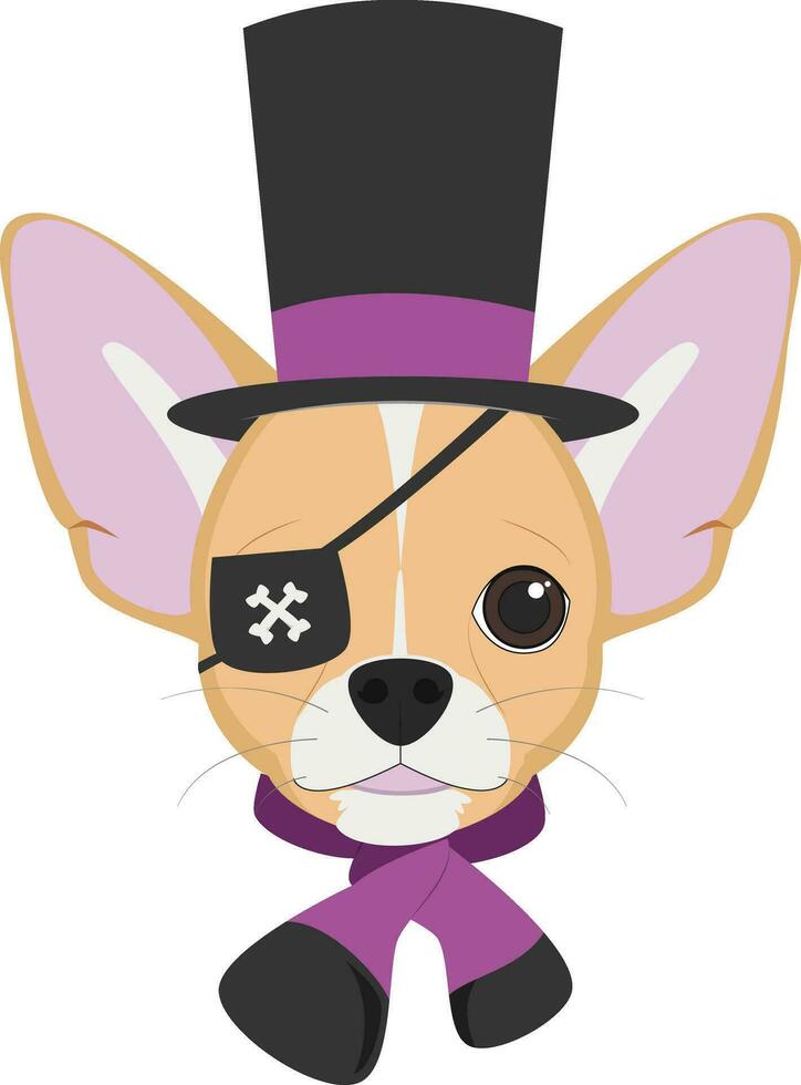 Halloween greeting card. Chihuahua dog with top hat, scarf and eye patch vector