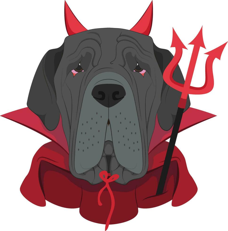 Víspera de Todos los Santos saludo tarjeta. napolitano mastín perro vestido como un diablo con rojo cuernos y capa, y un negro y rojo tridente vector