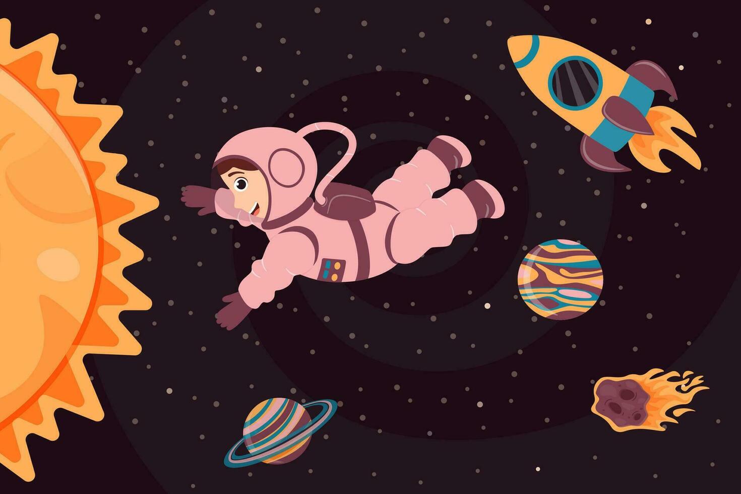 Background with cute astronaut, rocket, planet and meteorite in cartoon style. vector