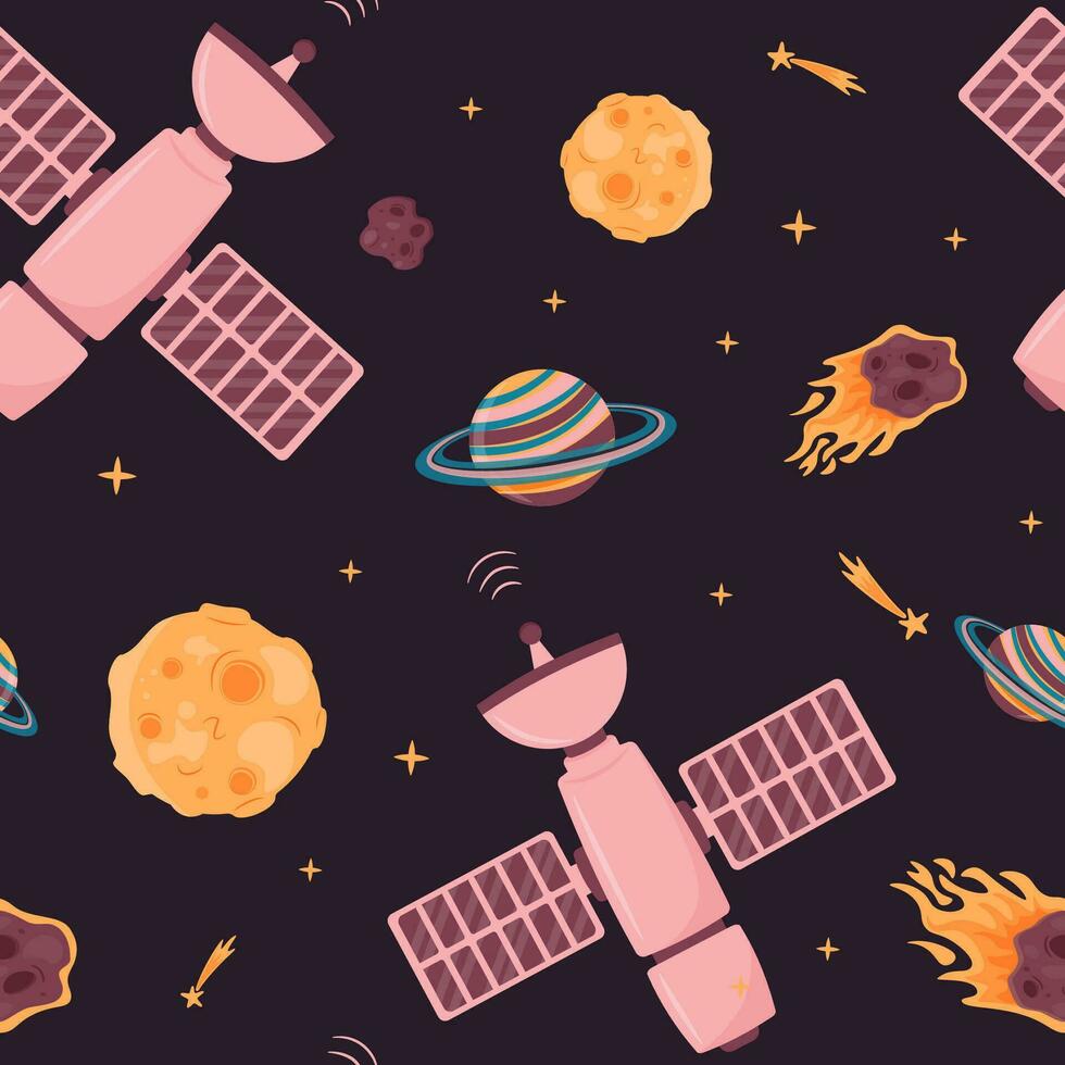 Seamless pattern of open space with the moon, shooting stars, meteorites, space stations, planets with rings. Space travel. vector