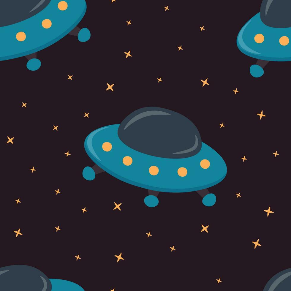 Seamless pattern of open space with a spaceship and stars in cartoon style. vector