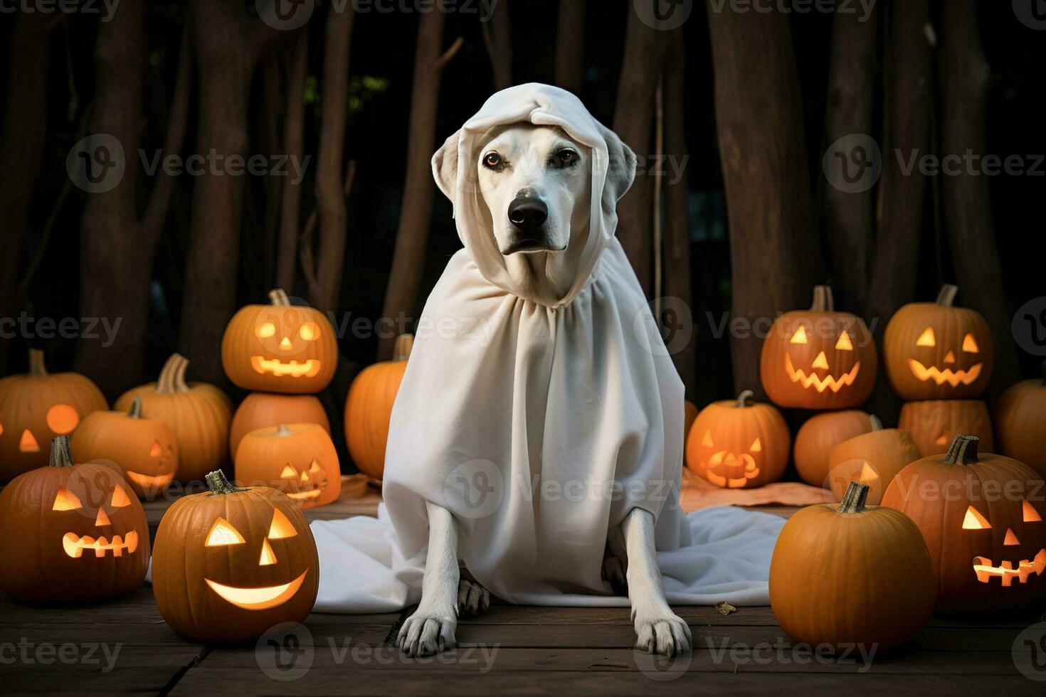 Dog wearing a ghost costume sitting between pumpkins for Halloween in Autumn background. Generative AI photo