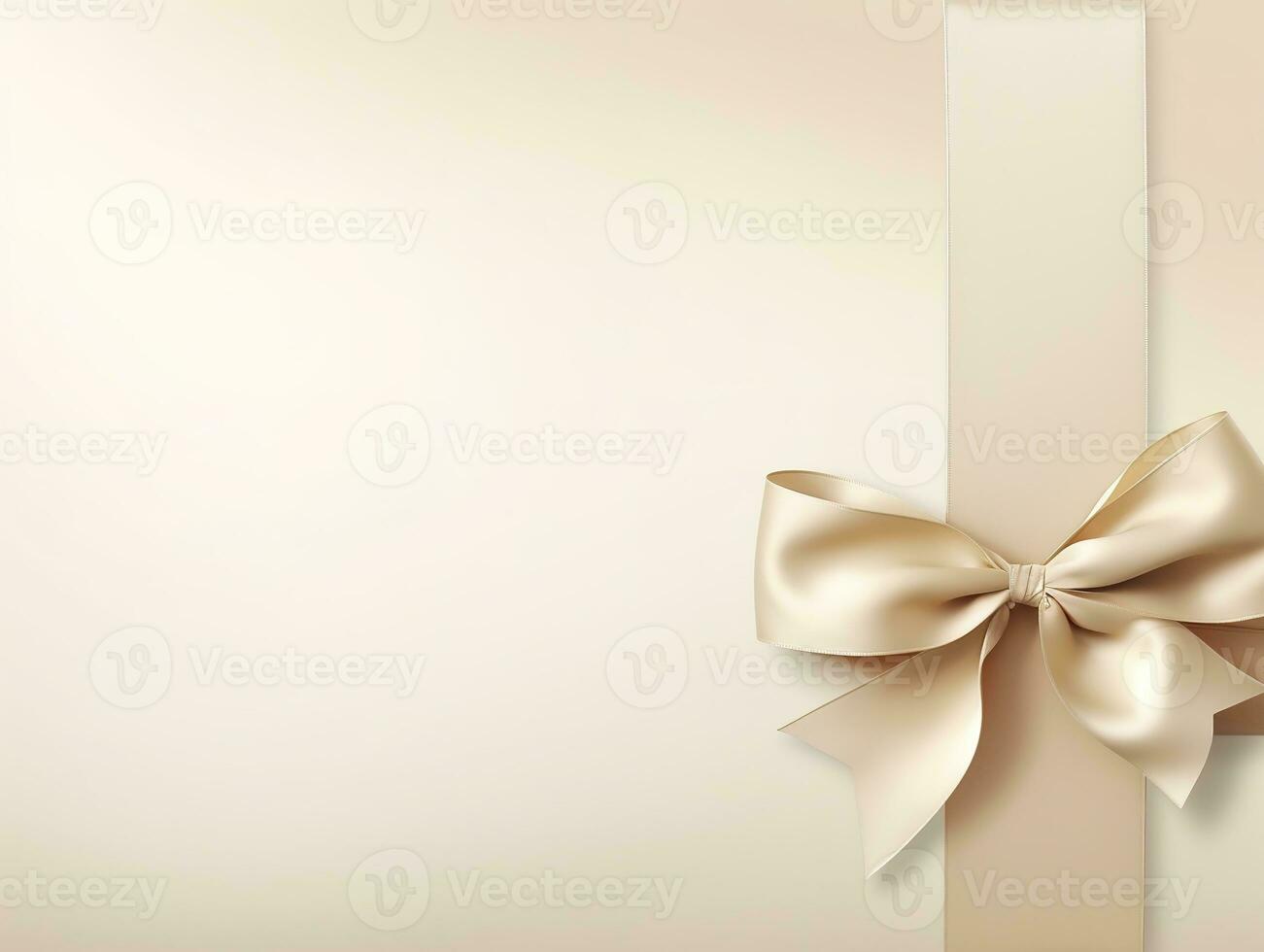 Holiday beige background with gift, red satin bow, ribbon with Copy space. Generative AI photo