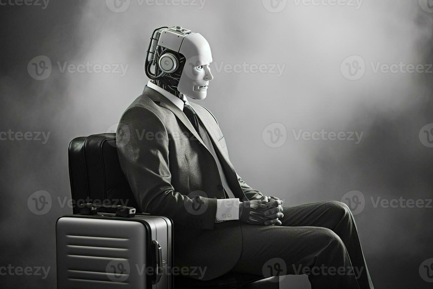 AI robot sitting down holding a briefcase waiting for a job interview. Generative AI photo