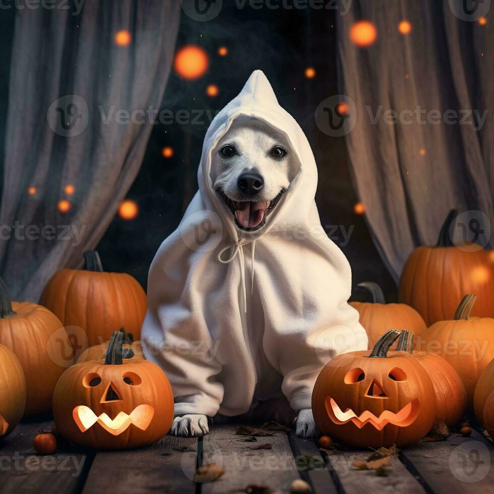 Dog wearing a ghost costume sitting between pumpkins for Halloween in Autumn background. Generative AI photo