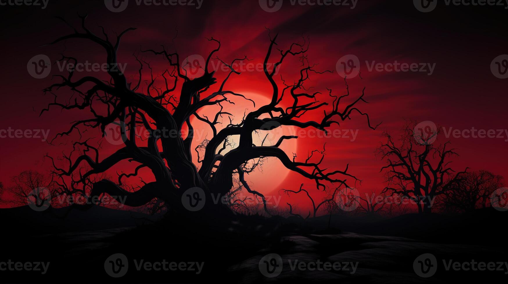 Silhouette dead tree at night for Halloween background. photo