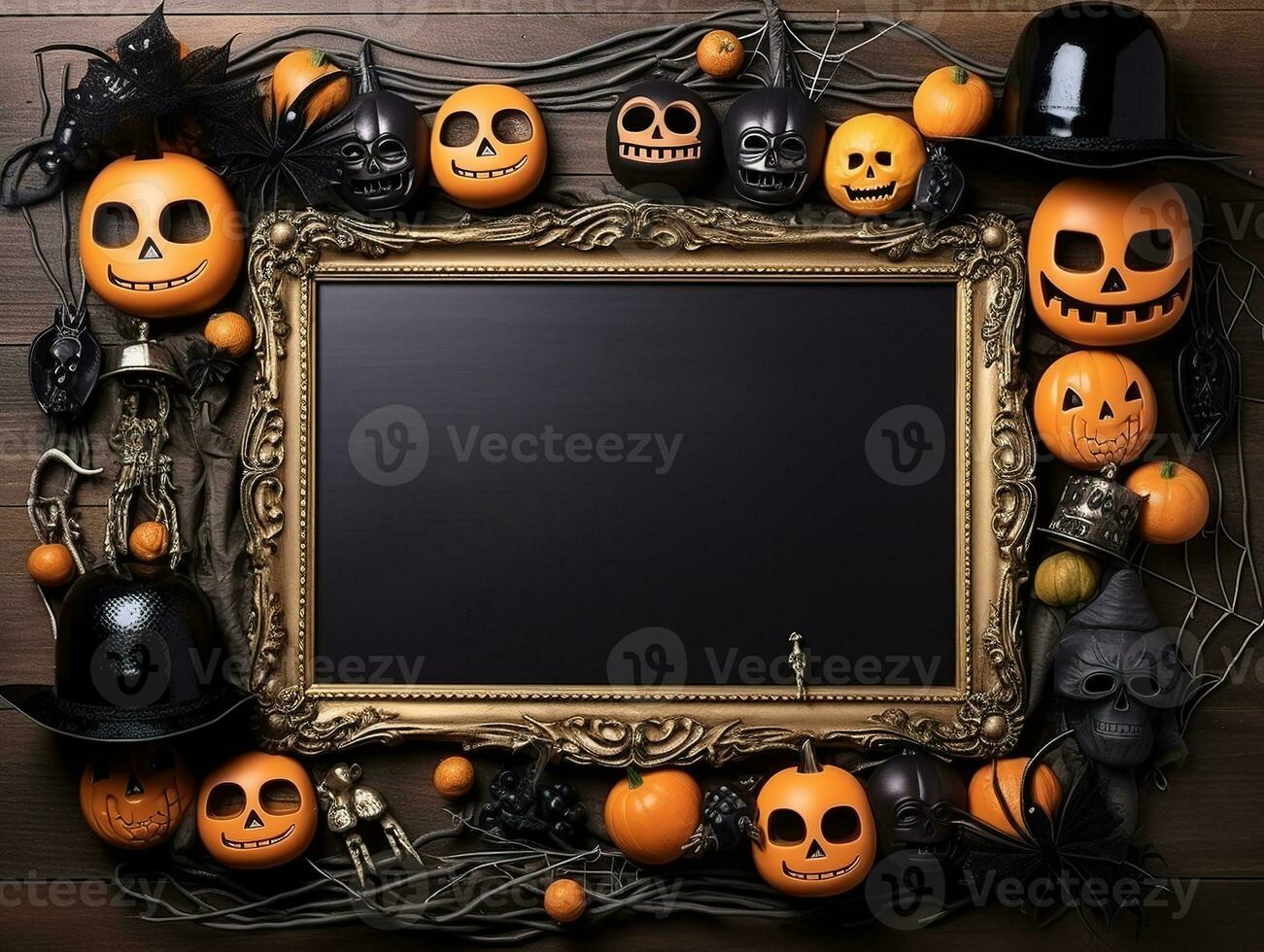 Halloween frame flat lay. Modern pumpkins jack o lantern, spiders, bats frame on background with space for text. Season's greeting card. Happy Halloween. Generative AI photo