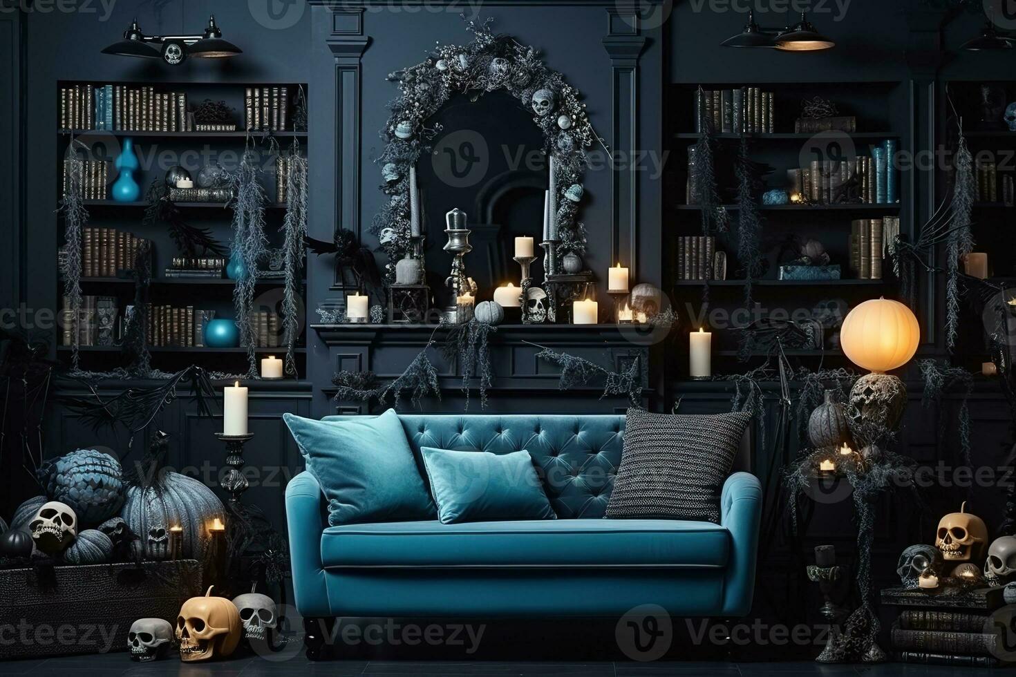 Blue toned living room interior with Halloween decorations. Background for Halloween. Generative AI photo