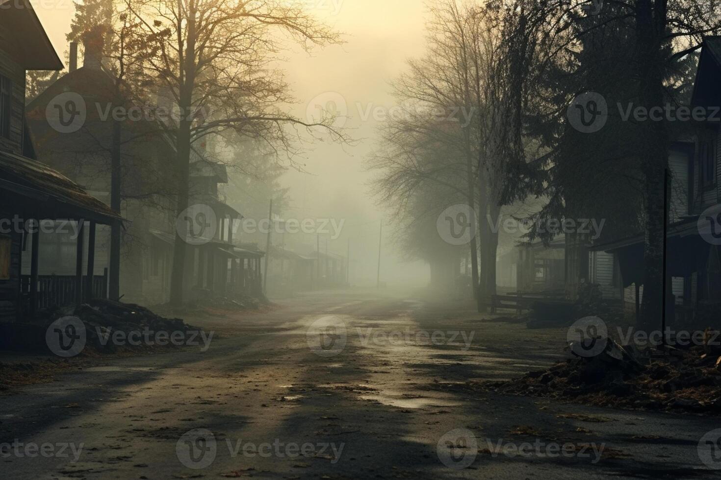 Empty illuminated ghost town street lamps lighting up the road through the trees and village in a fog on a rainy autumn day, street lanterns. English countryside scenes. Generative AI photo