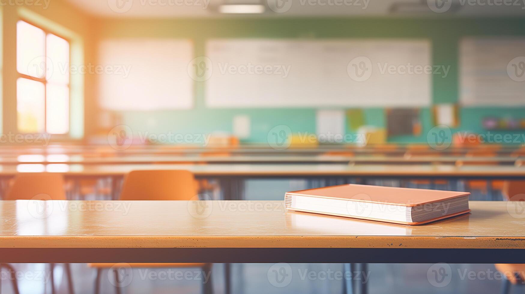 School classroom in blur background without young student. Blurry view of elementary class room no kid or teacher with chairs and tables in campus. Back to school concept. photo