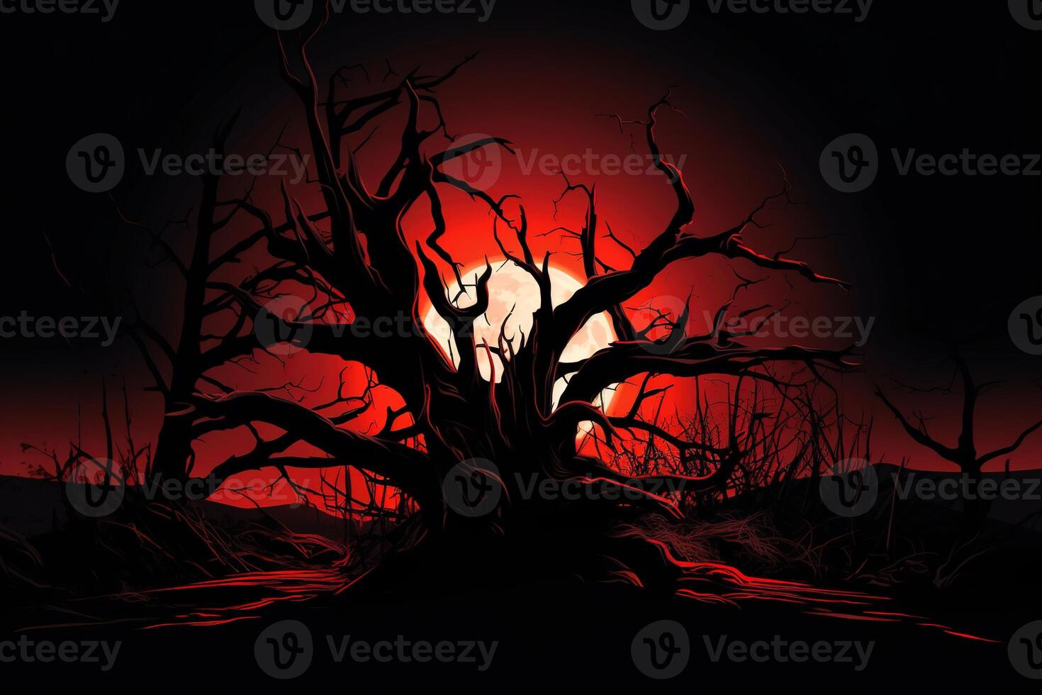 Silhouette dead tree at night for Halloween background. Generative AI photo