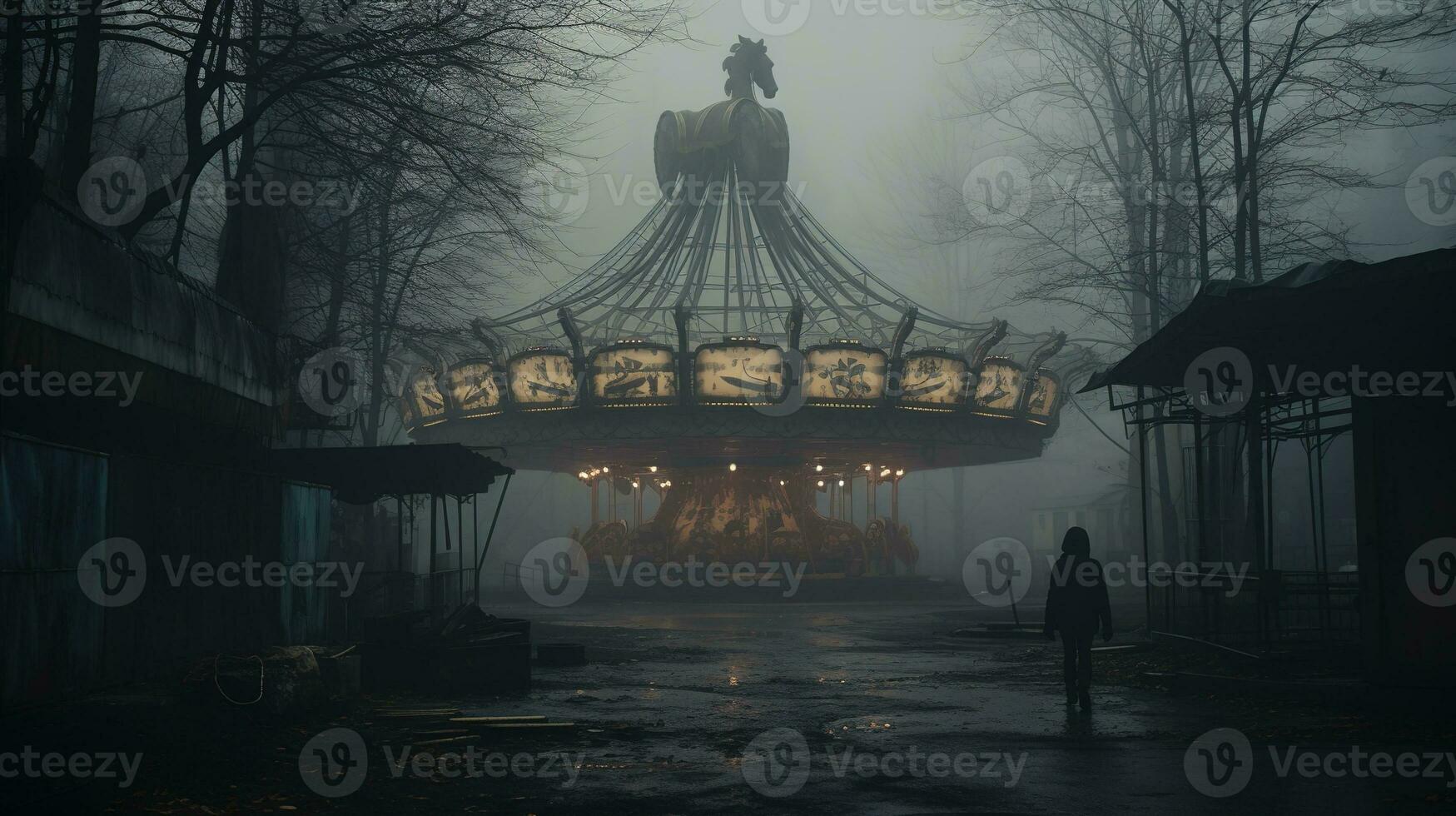 Nighttime abandoned amusement park with sanatorium, ferris wheel, and