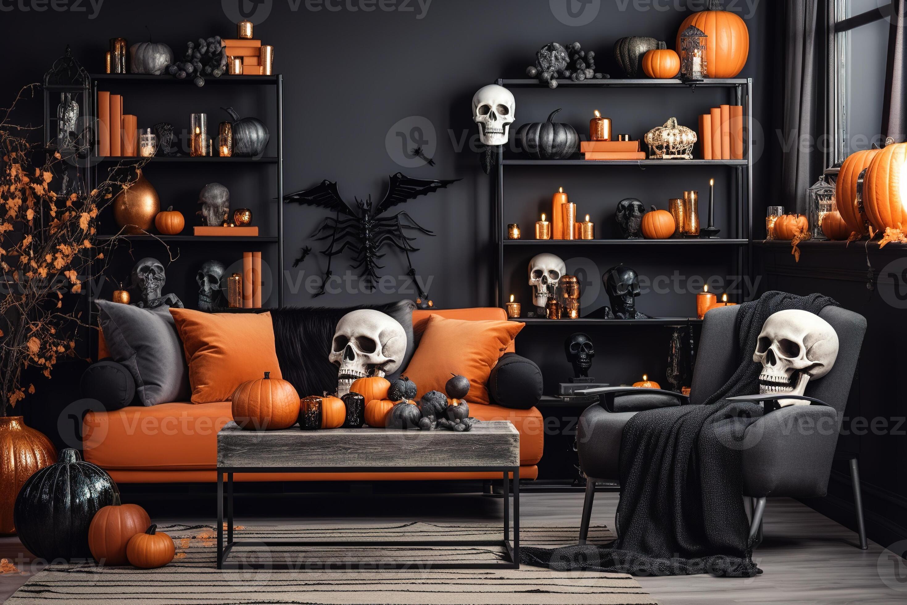 Orange toned living room interior with Halloween decorations