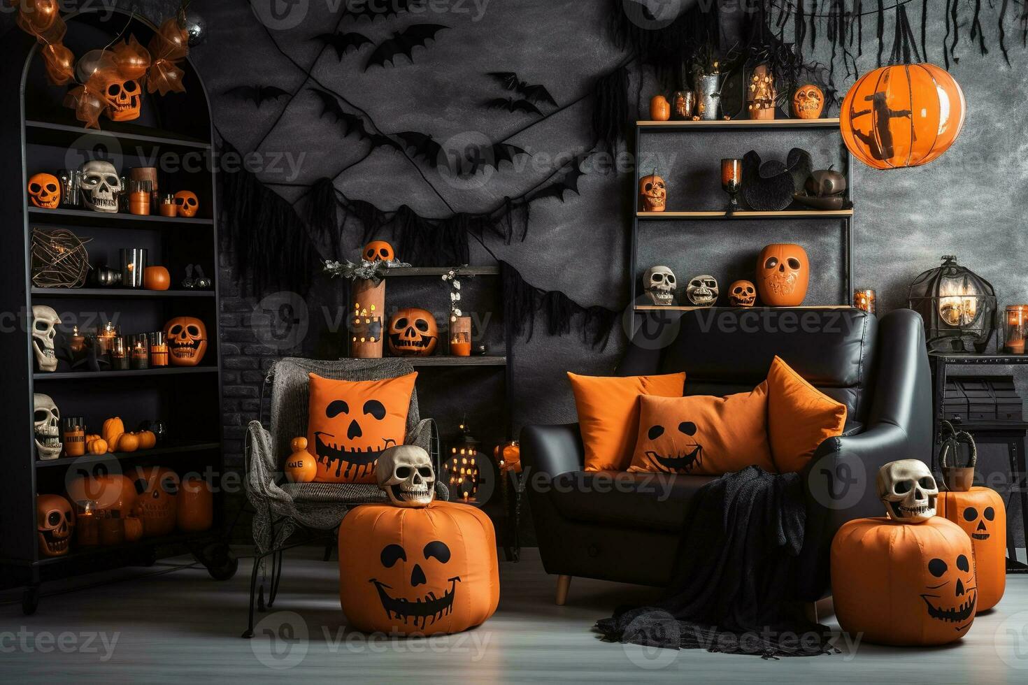 Orange toned living room interior with Halloween decorations. Background for Halloween. Generative AI photo