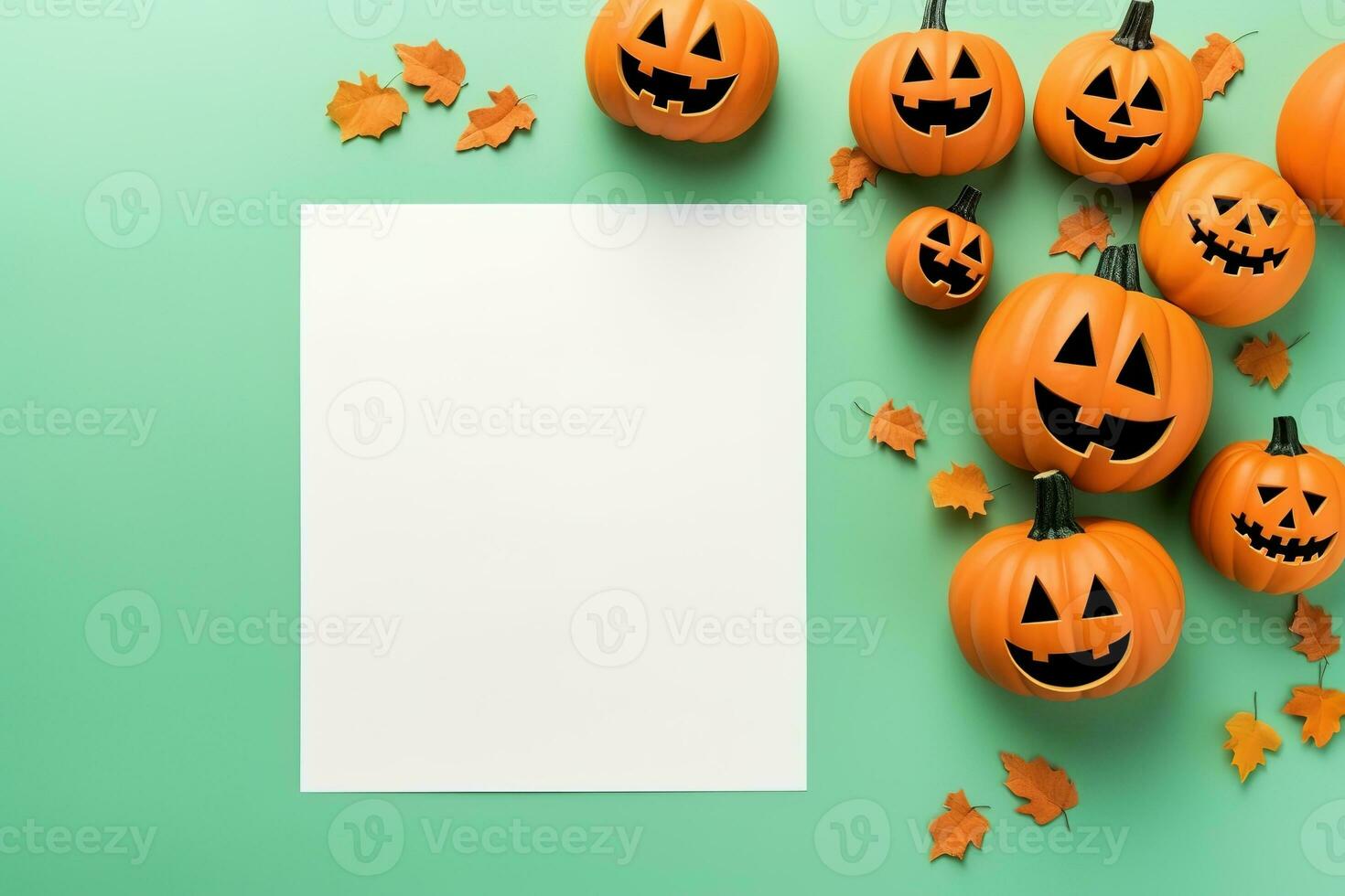Blank paper sheet with Halloween decorations on pastel background. Greeting card, invitation mockup. Place for inscription. Pumpkin. Modern Minimal business template. top view. Generative AI photo
