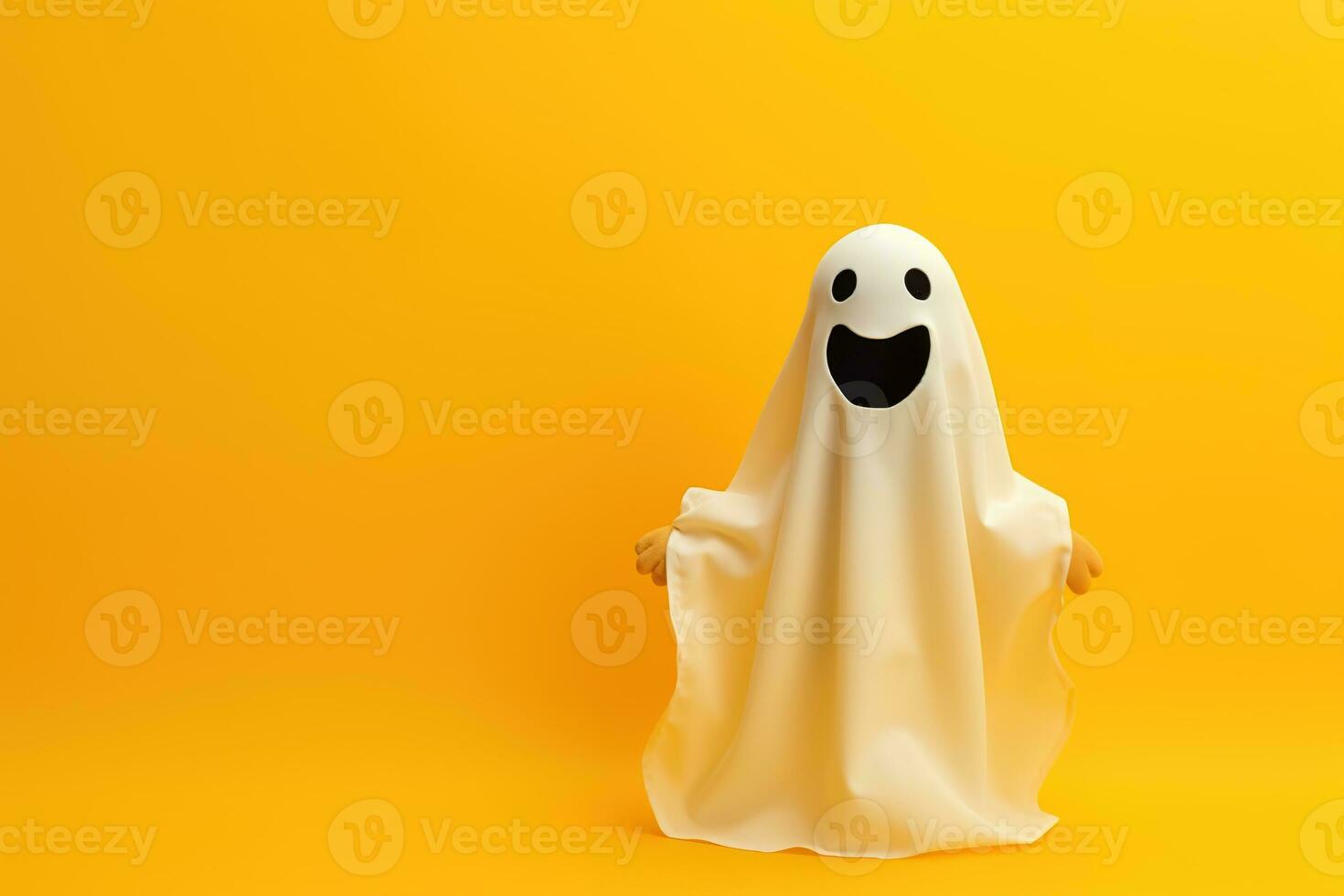 Happy Halloween, Cute little kid in ghost costume on isolated background. Generative AI photo