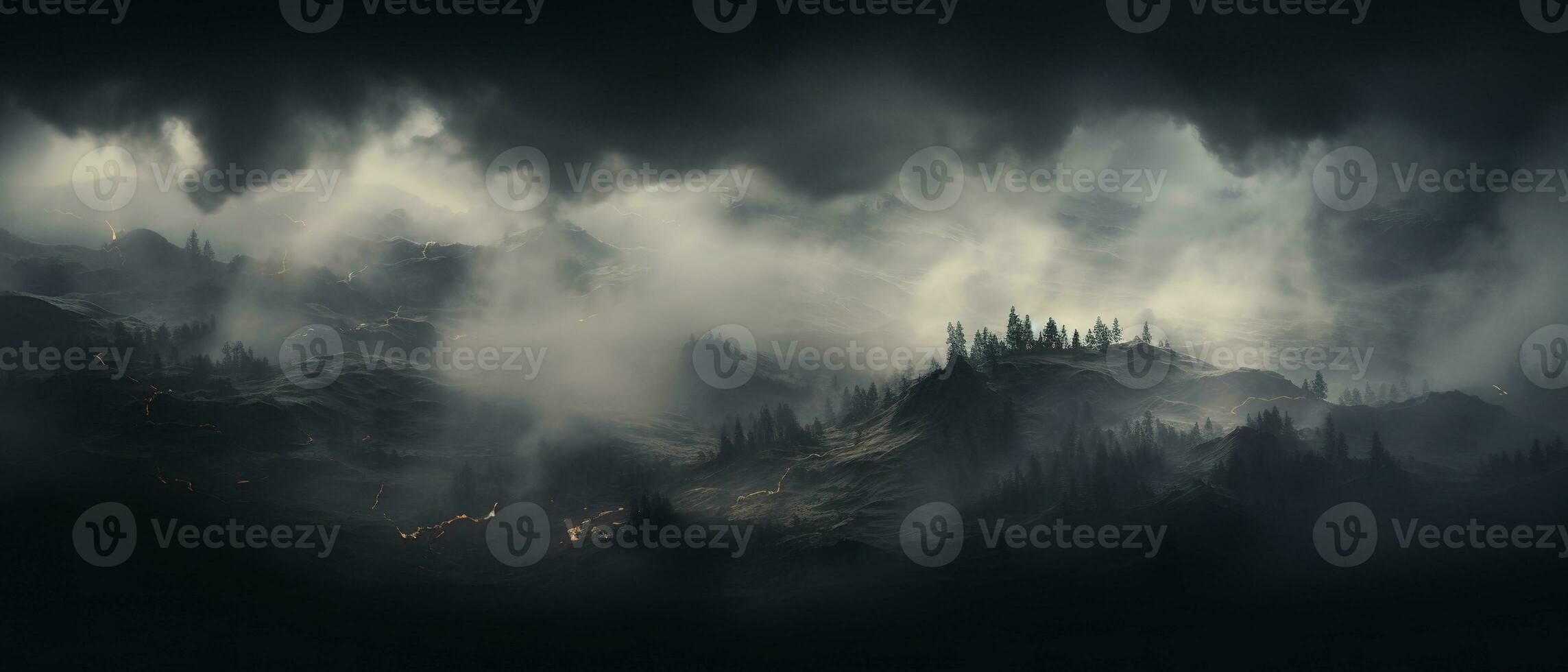 Smoke and mist in the darkness background, Defocused and abstract Halloween backdrop. Generative AI photo