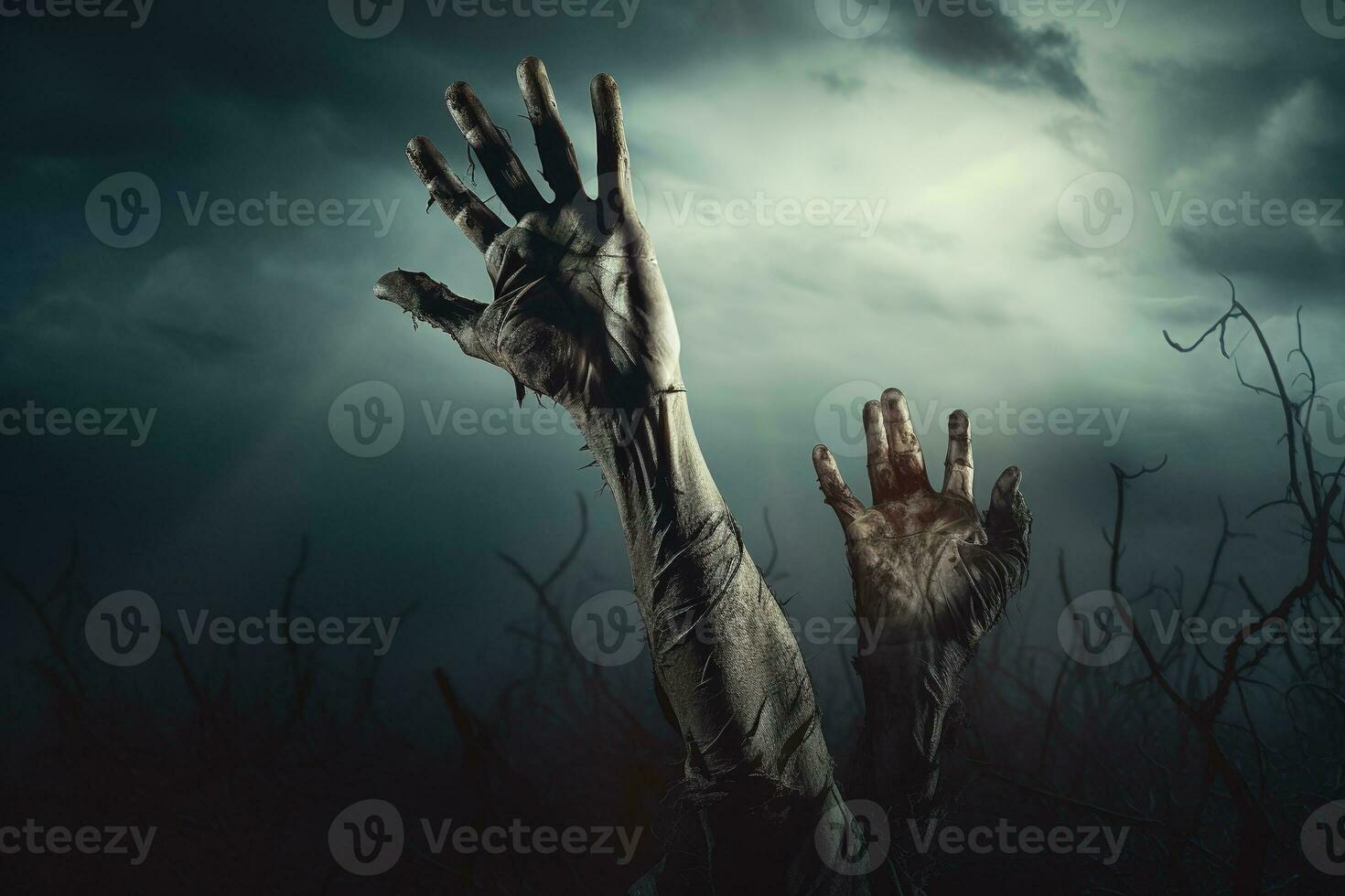 Zombie hand rising out of a graveyard in spooky night. Halloween concept. photo