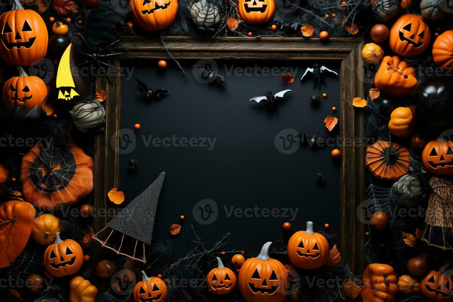 Halloween frame flat lay. Modern pumpkins jack o lantern, spiders, bats frame on background with space for text. Season's greeting card. Happy Halloween. Generative AI photo