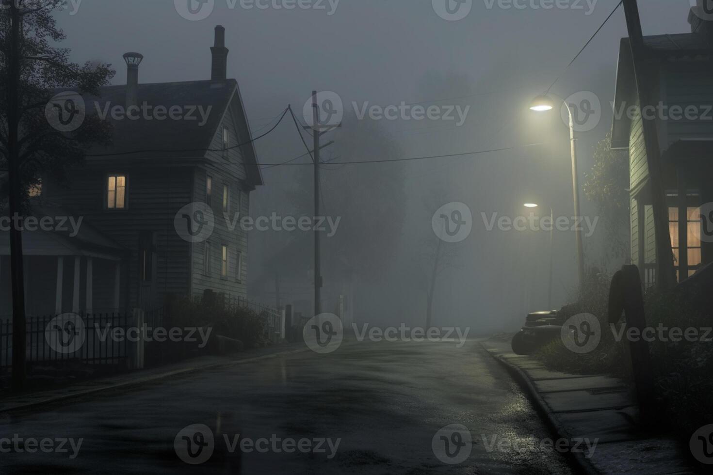 Empty illuminated ghost town street lamps lighting up the road through the trees and village in a fog on a rainy autumn day, street lanterns. English countryside scenes. photo
