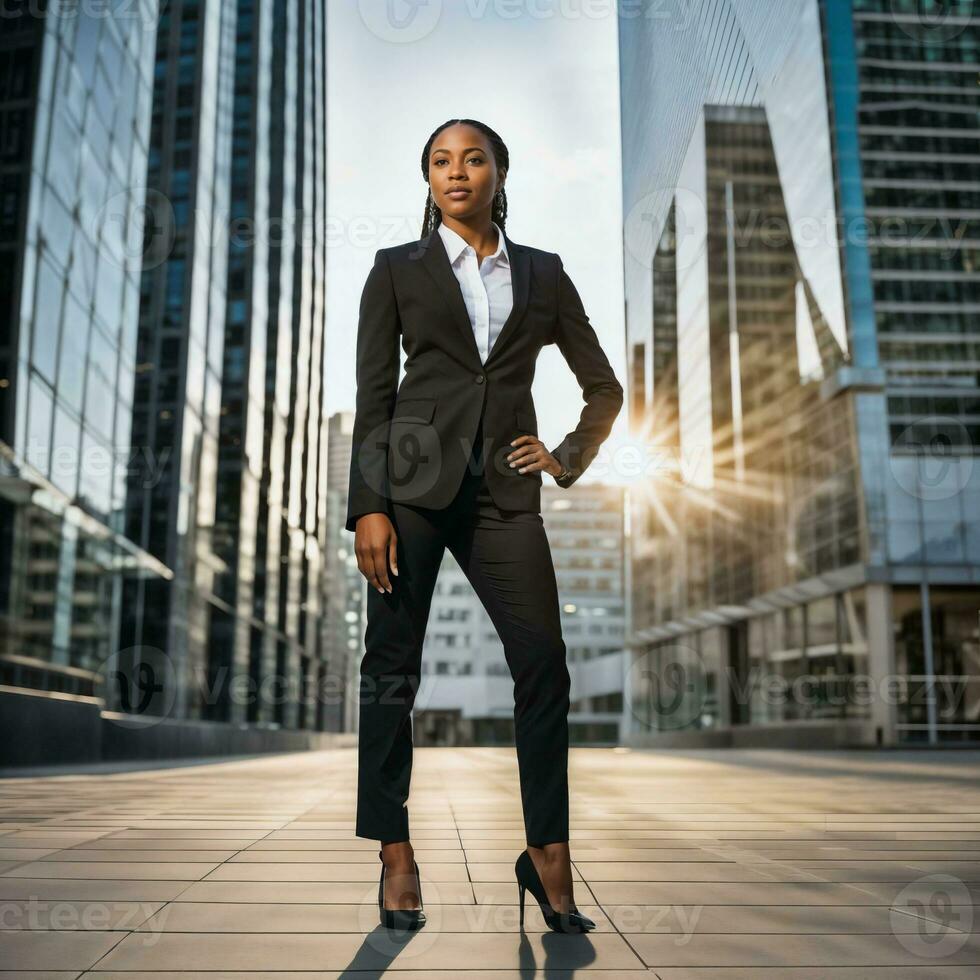 photo of smart african woman with black business suit at big modern city, generative AI