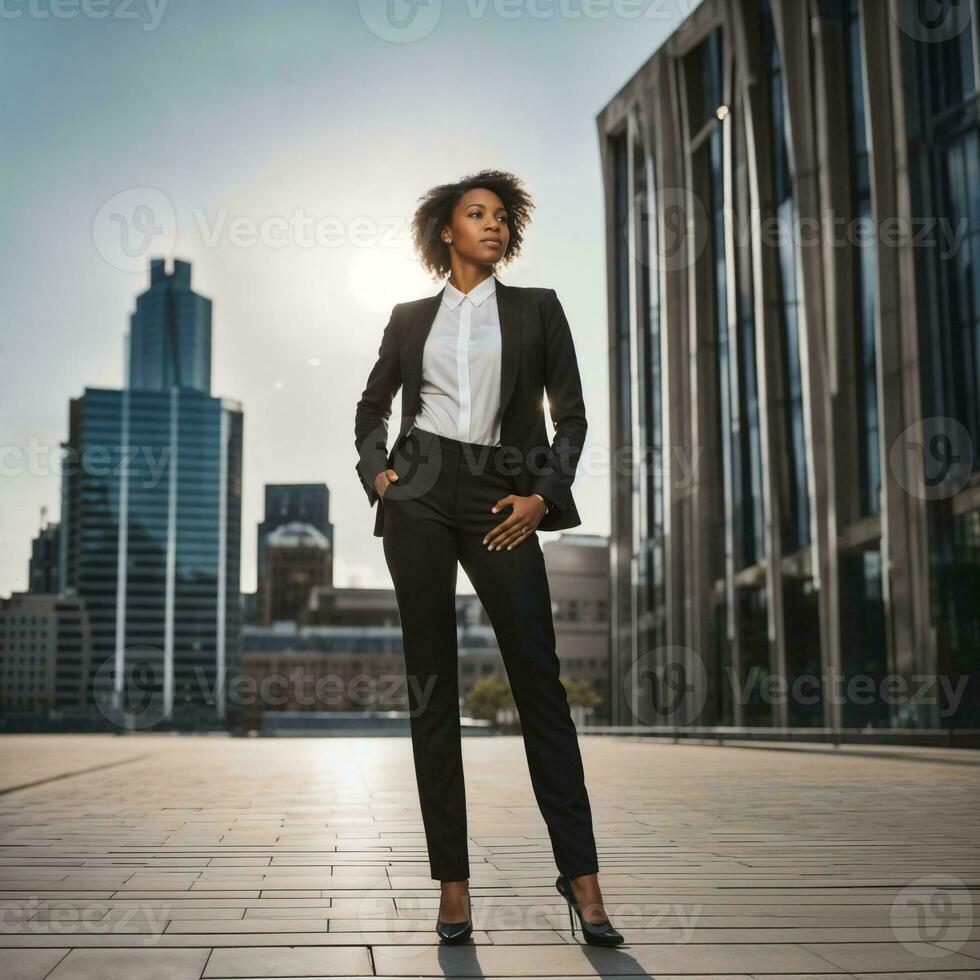 foto de inteligente africano mujer con negro negocio traje a grande moderno ciudad, generativo ai