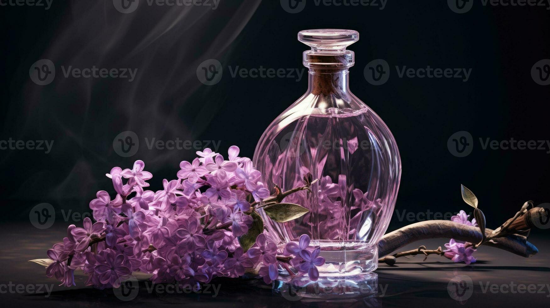 Perfume bottle with lilac flowers photo