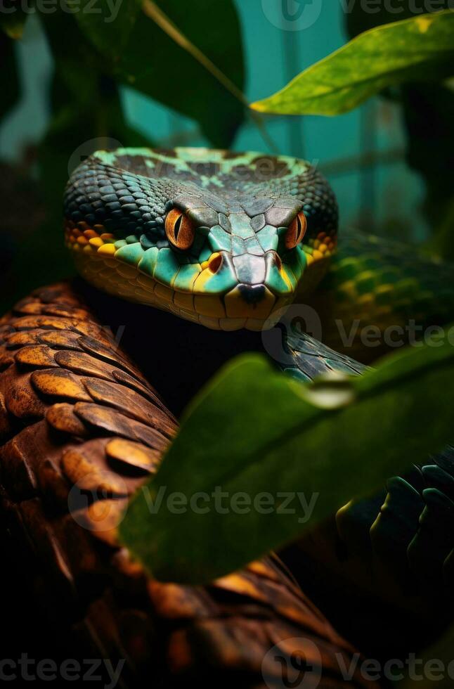 Snake curled up on a branch among the leaves photo