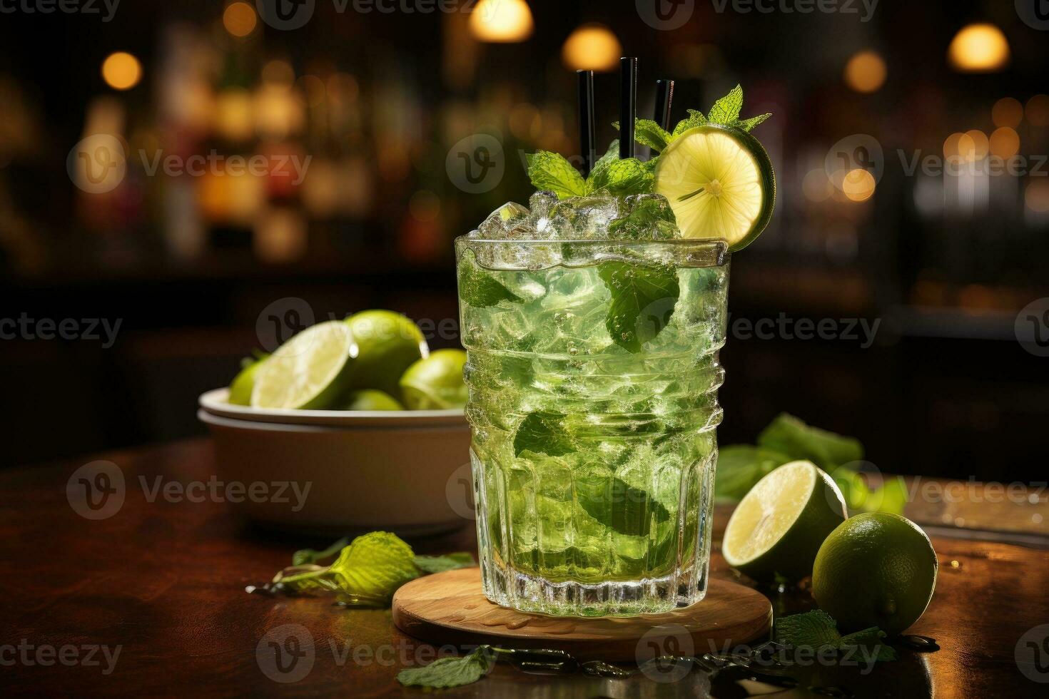 Glass of caipirinha cocktail on table photo