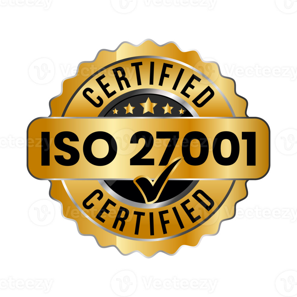 dourado iso 27001 certificado crachá ou em formação segurança gestão sistema, iso 27001 ícone, borracha carimbo, selo, rótulo, emblema, com Verifica marca, lustroso e dourado crachá transparente png