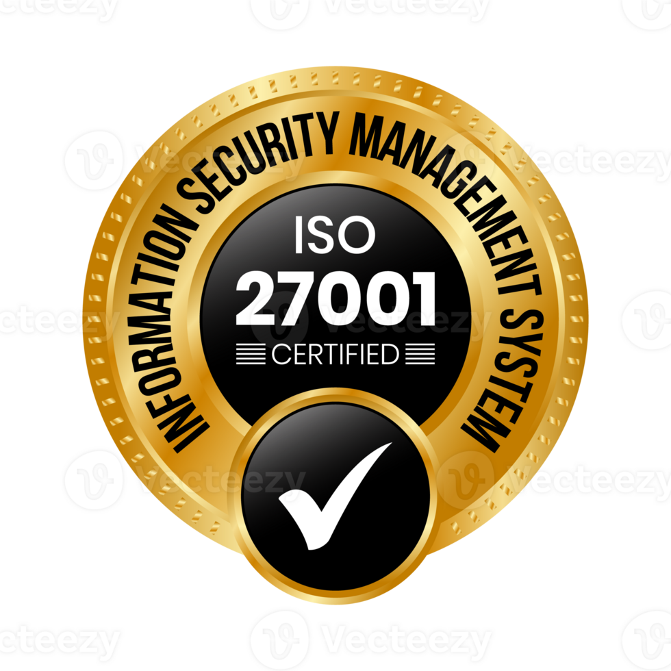 dourado iso 27001 certificado crachá ou em formação segurança gestão sistema, iso 27001 ícone, borracha carimbo, selo, rótulo, emblema, com Verifica marca, lustroso e dourado crachá transparente png