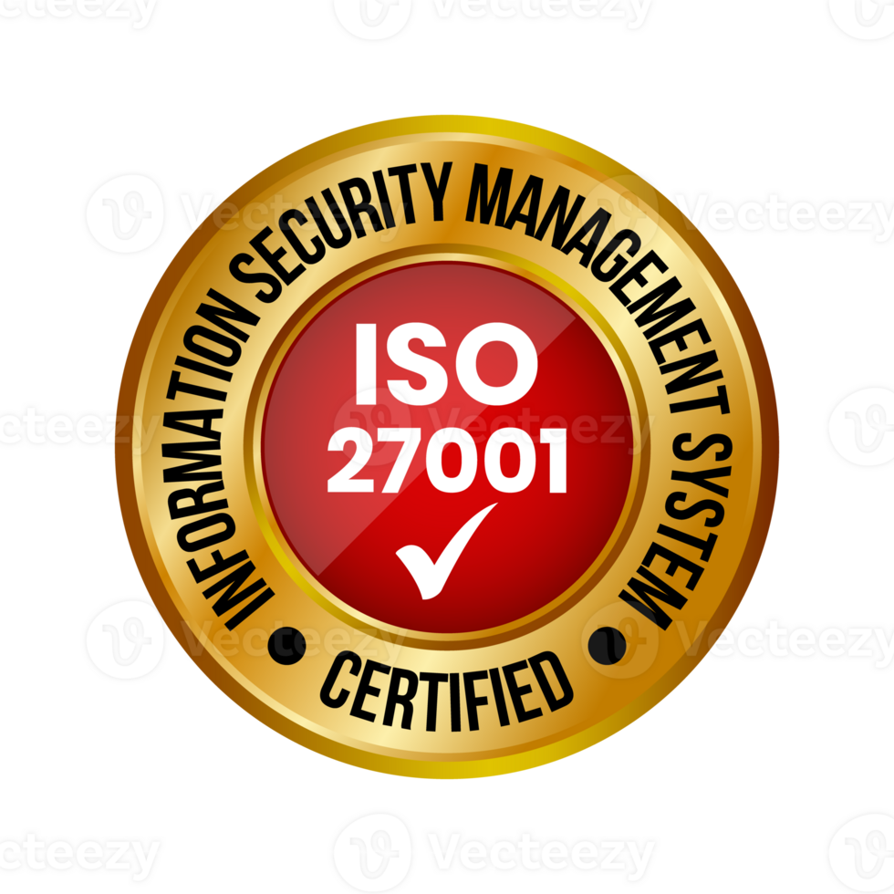 dourado iso 27001 certificado crachá ou em formação segurança gestão sistema, iso 27001 ícone, borracha carimbo, selo, rótulo, emblema, com Verifica marca, lustroso e dourado crachá transparente png